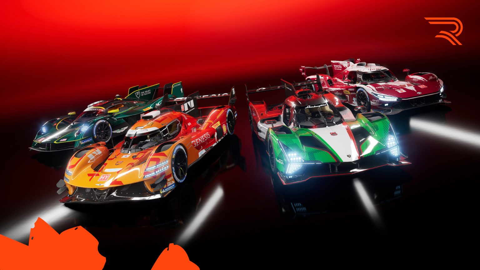 The four RENNSPORT Hypercar Expansion Pack cars on a red background: the green Aston Martin Valkyrie AMR-LMH, the orange Genesis GMR-001, the Lamborghini SC63 in Italian colours and the red and white Toyota TR010 Hybrid