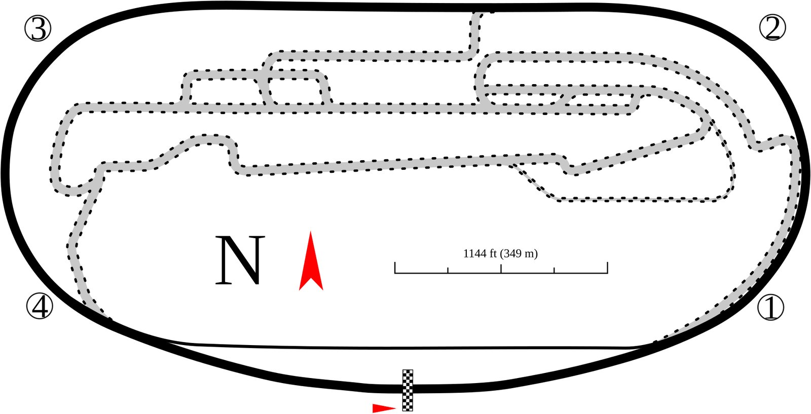 Track map of Auto Club Speedway, the 2 mile D-shaped oval in Fontana, California