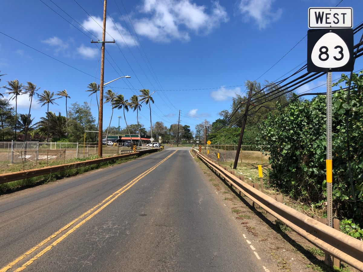 The Kamehameha Highway running along the coast near Laie on Oahu