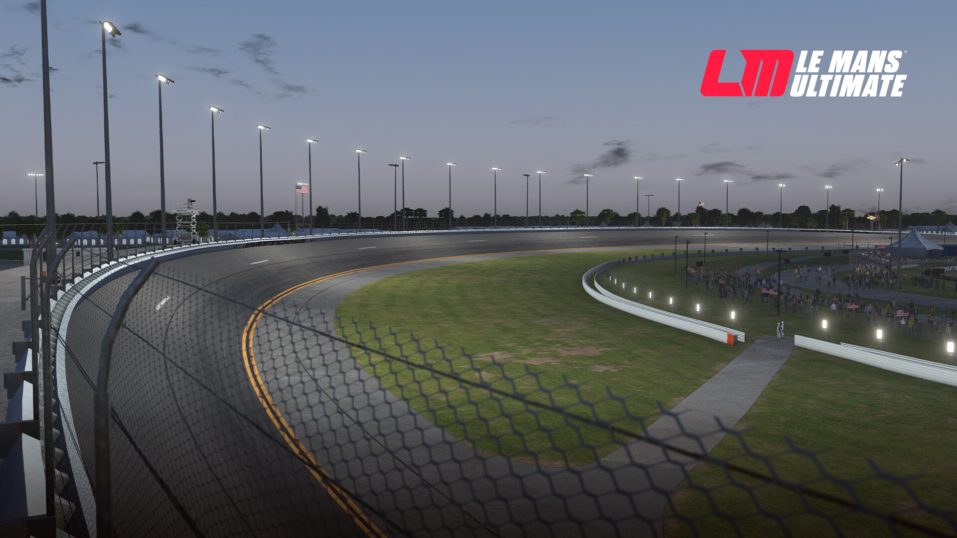The banking of Daytona International Speedway at dusk in Le Mans Ultimate, with the floodlights on