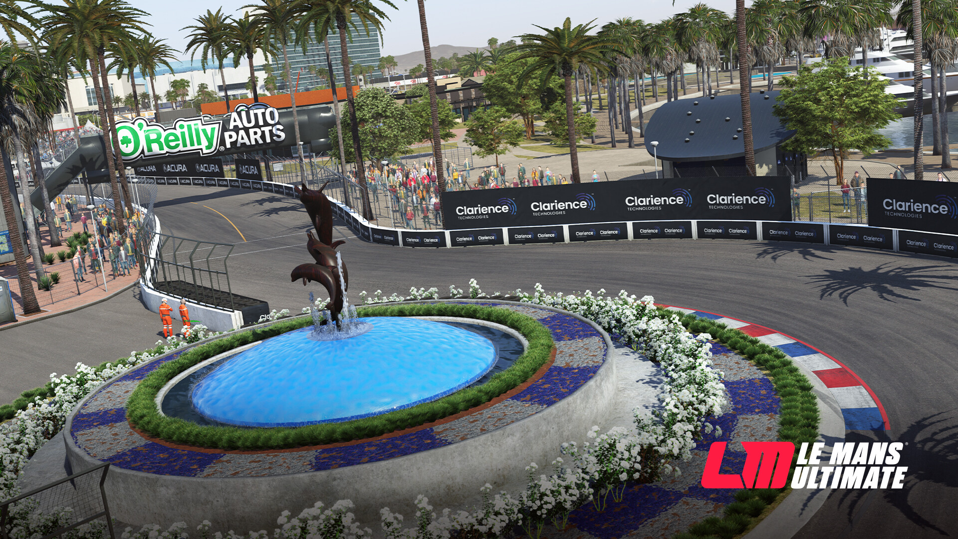 The fountain corner of the Long Beach street circuit in Le Mans Ultimate, with palm trees behind the barriers