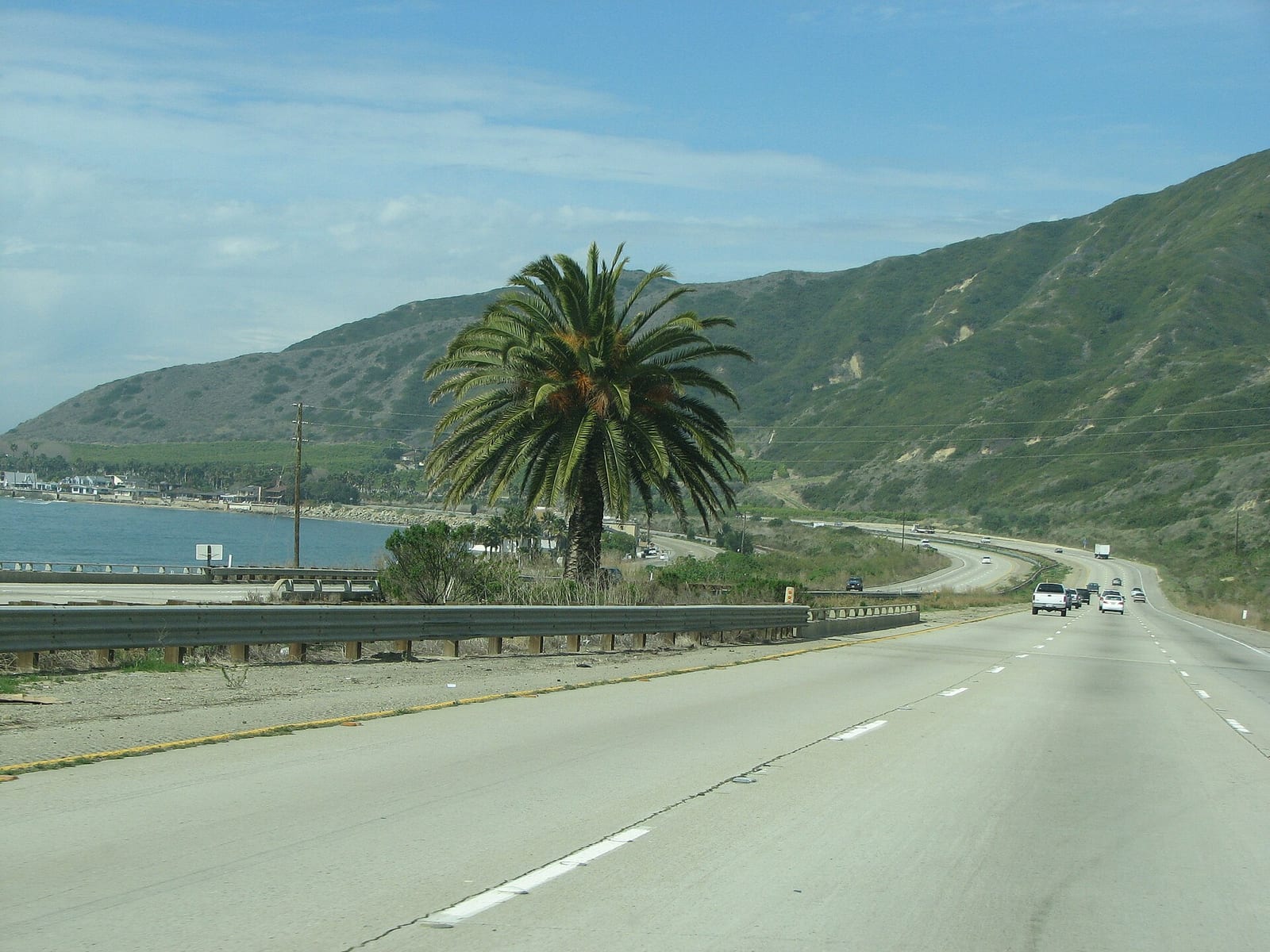 The Pacific Coast Highway in California with the ocean on the left, a palm tree and green hills on the right