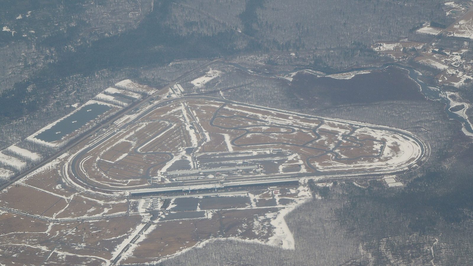Pocono Raceway from the air, with its triangle shape and three corners