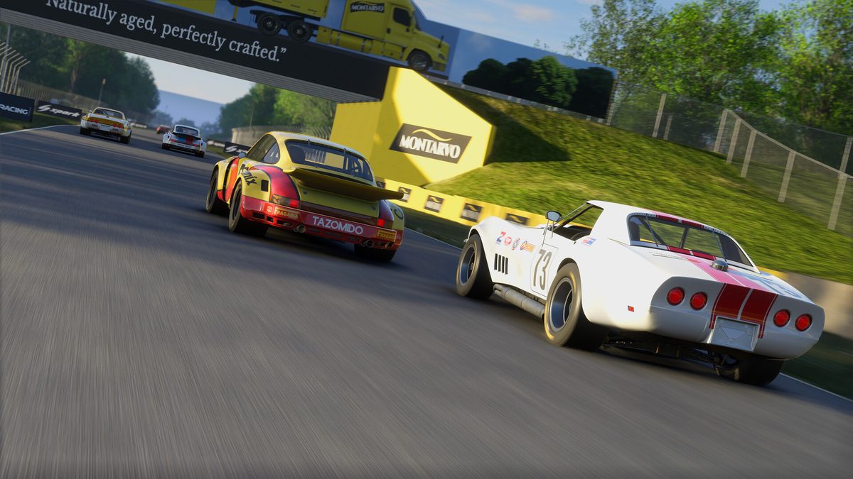 A white Chevrolet Corvette and a yellow Porsche under a bridge on a hillside track in the Project Motor Racing GT Icons Pack